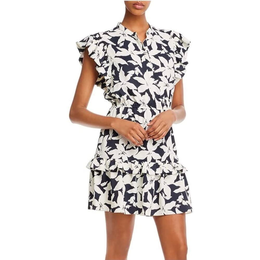 Joie Krystina Ruffle Sleeve Floral Mini Dress Deep Sea Black White XS NWT